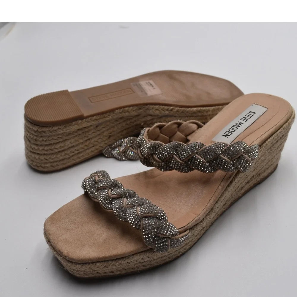 Steve Madden Alreya Tan Rhinestone Braided Wedge Espadrille Sandals Womens 8